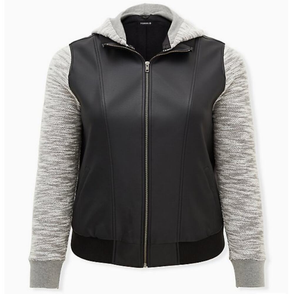 Torrid NWT Black Faux Leather & Marled Grey Terry Bomber Jacket Size 0X Hooded